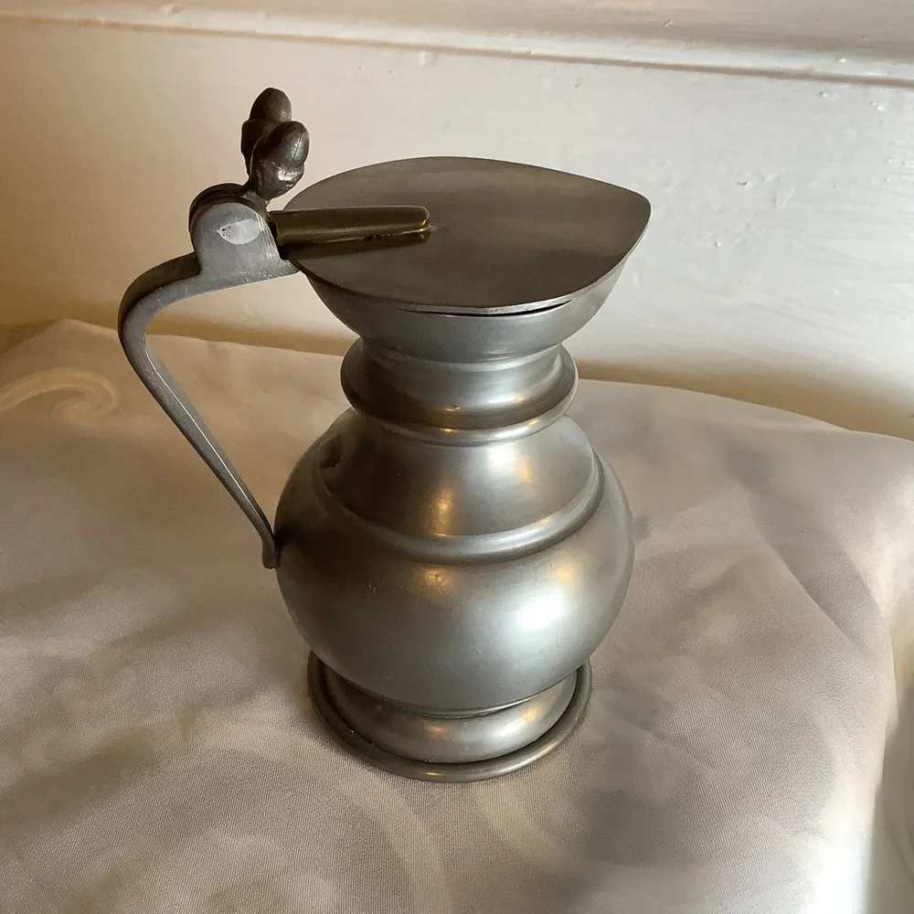 Vintage Italian Pewter 95% Syrup Pitcher With Handle and Lid Double Acorn 4.25